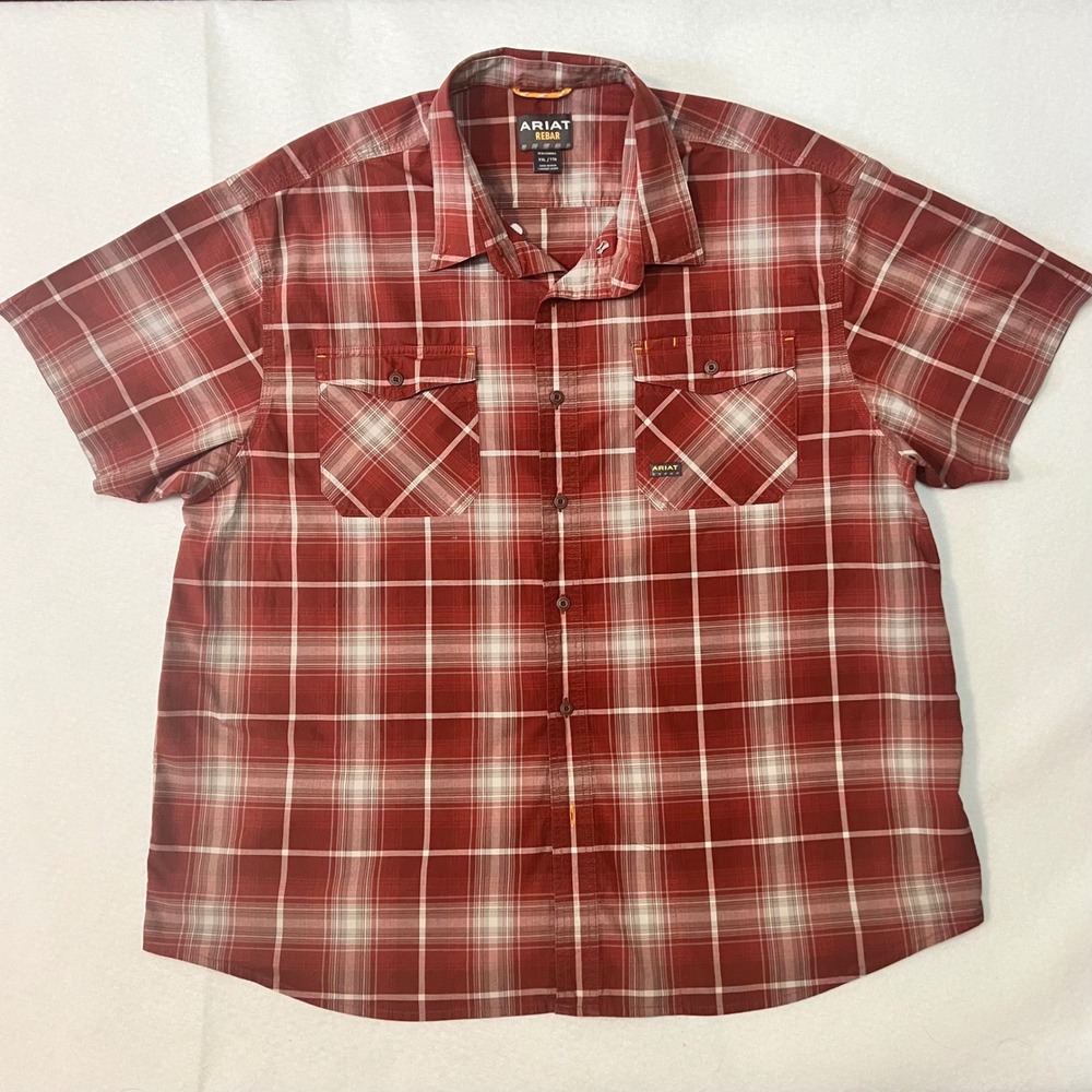 Ariat Rebar Men's XXL Short Sleeve Country Rodeo Work Shirt Chili Oil Red Plaid
